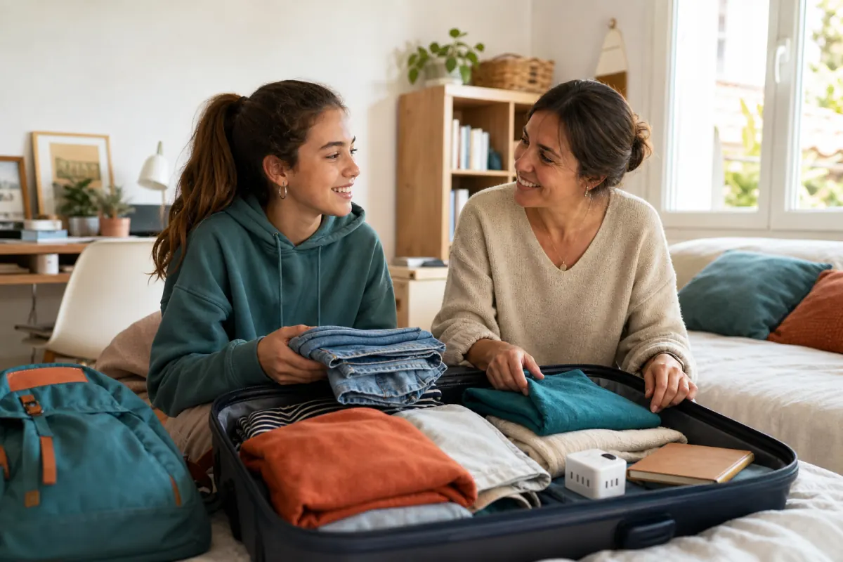 Madre e hija adolescente preparando juntas la maleta para estudiar en el extranjero