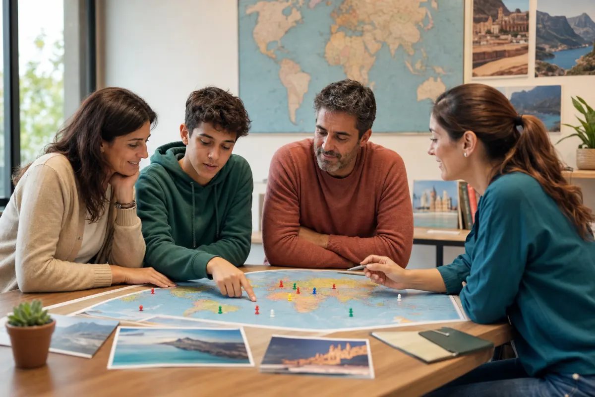 Familia con un adolescente comparando destinos para estudiar en el extranjero