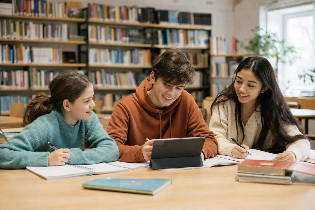 Estudiantes adolescentes de distintas edades trabajando juntos en una biblioteca