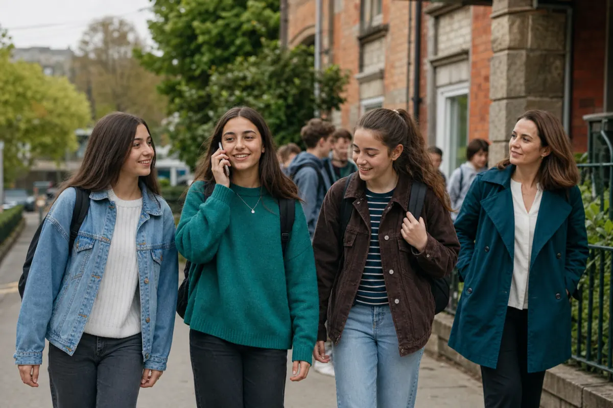 Alumna adolescente acompañada por amigas y una coordinadora a la salida del colegio
