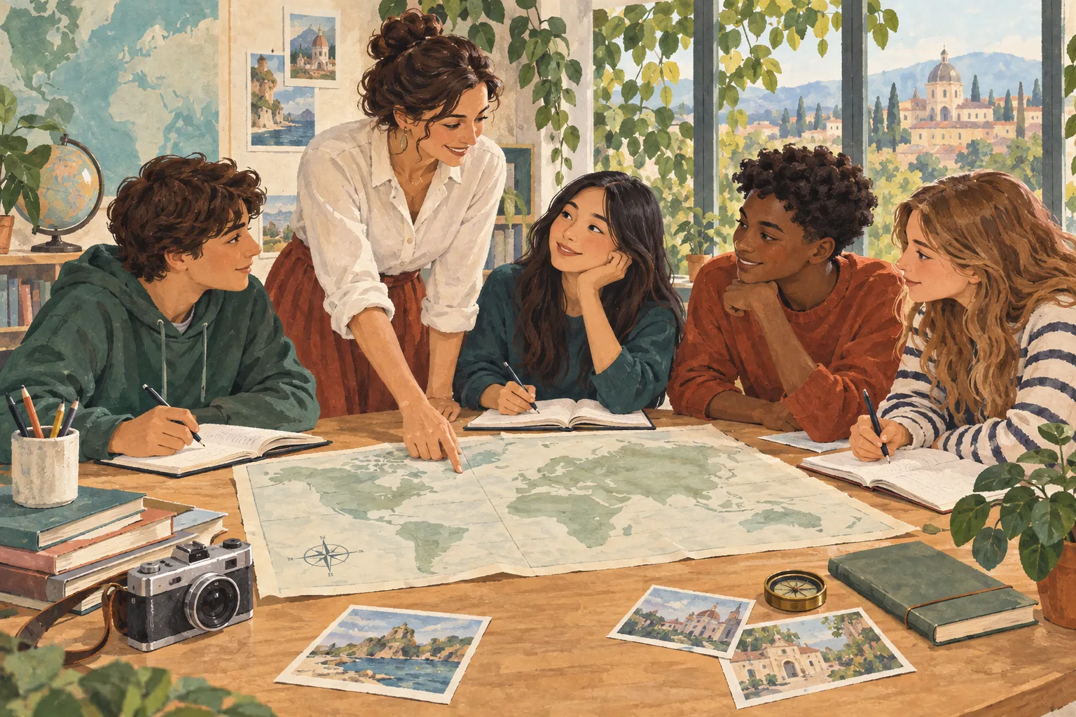 Ilustración de estudiantes preparando un proyecto de inglés con su profesora