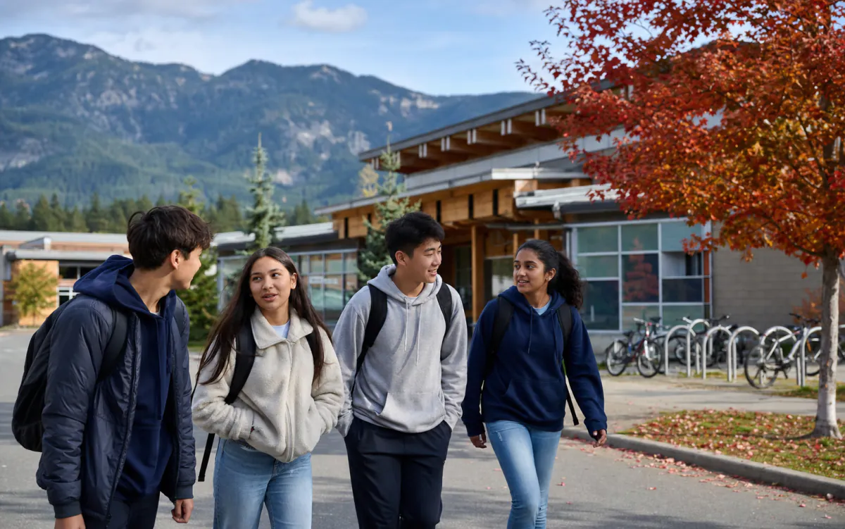 Escena ilustrativa de estudiantes junto a un campus y montañas de Canadá