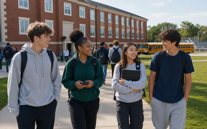 Estudiantes conversando en un campus de high school de Estados Unidos