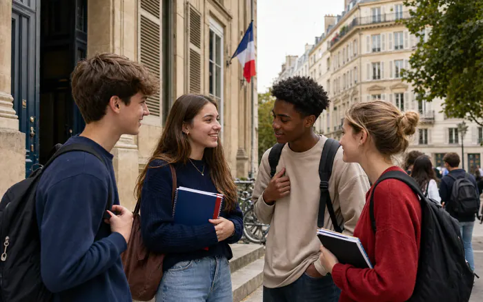 Estudiantes conversando a la salida de un lycée en Francia